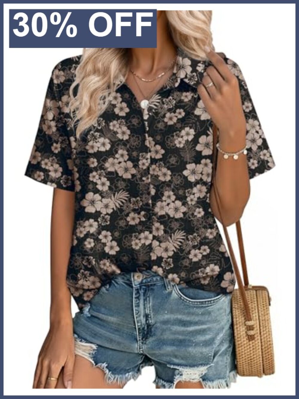 Zeagoo Women Cotton Linen Blend Button Down Shirt Short Sleeve V Neck Blouse